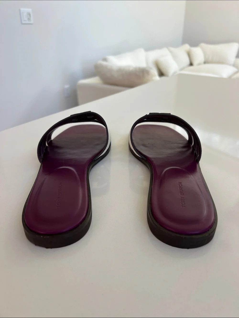 Tory Burch white and violet purple leather open toe flat sandals ines cage 9
